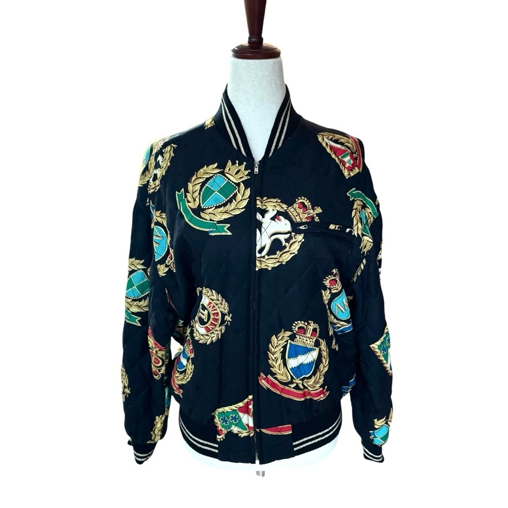 Vintage 80s 90s Anne Klein Crest Motif Baroque Silk Quilted Bomber Jacket Small